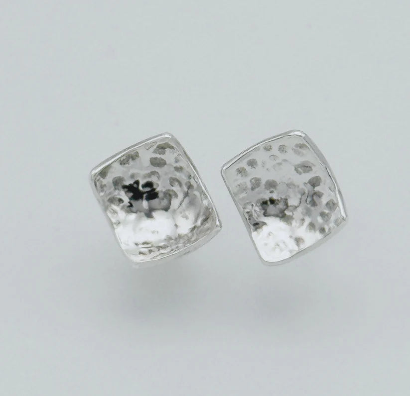 Sterling Silver Hammered Squares and Diamonds Dangle Earrings