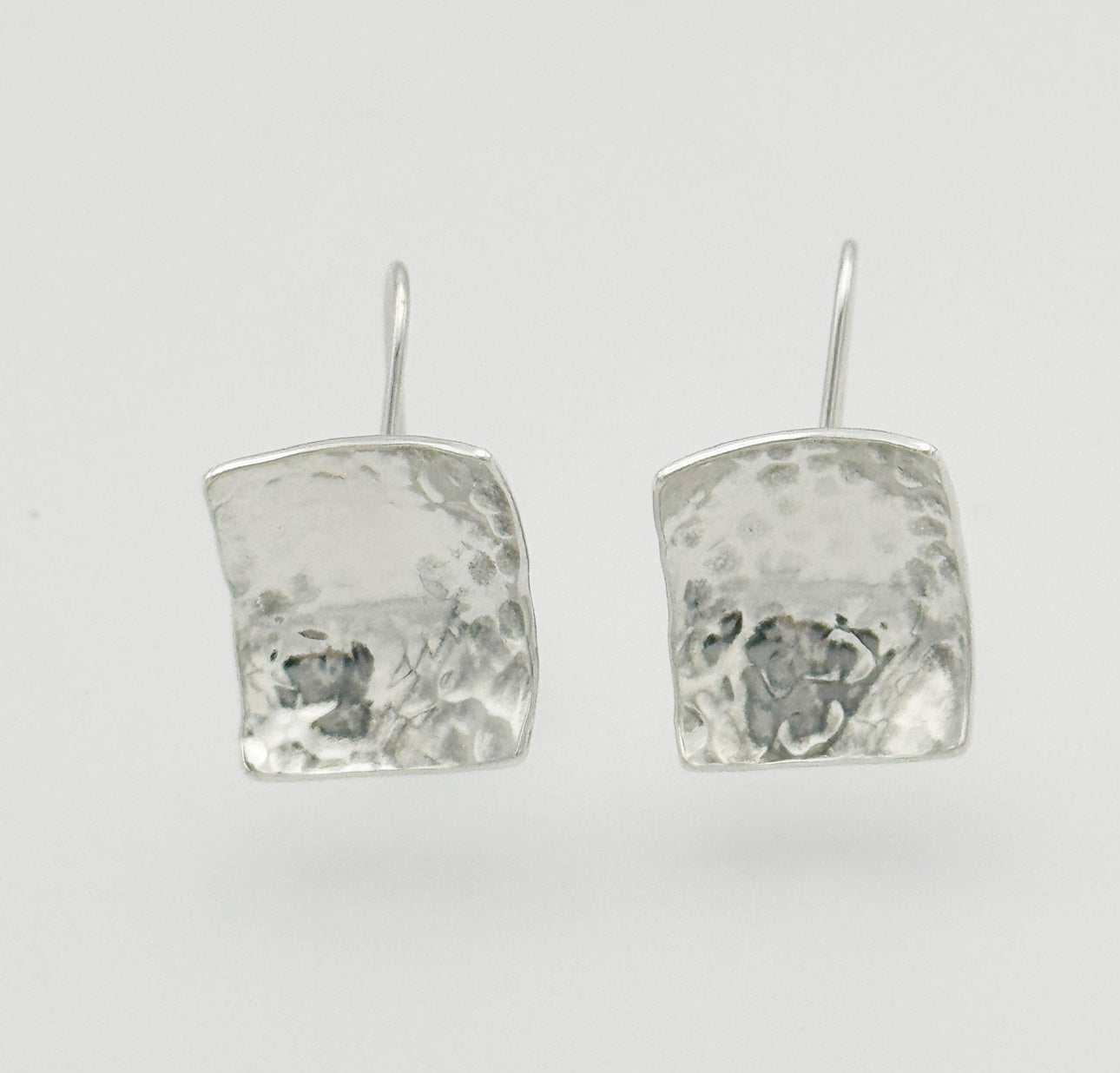 Sterling Silver Hammered Squares and Diamonds Dangle Earrings