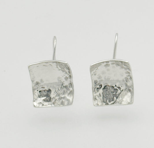 Sterling Silver Hammered Squares and Diamonds Dangle Earrings