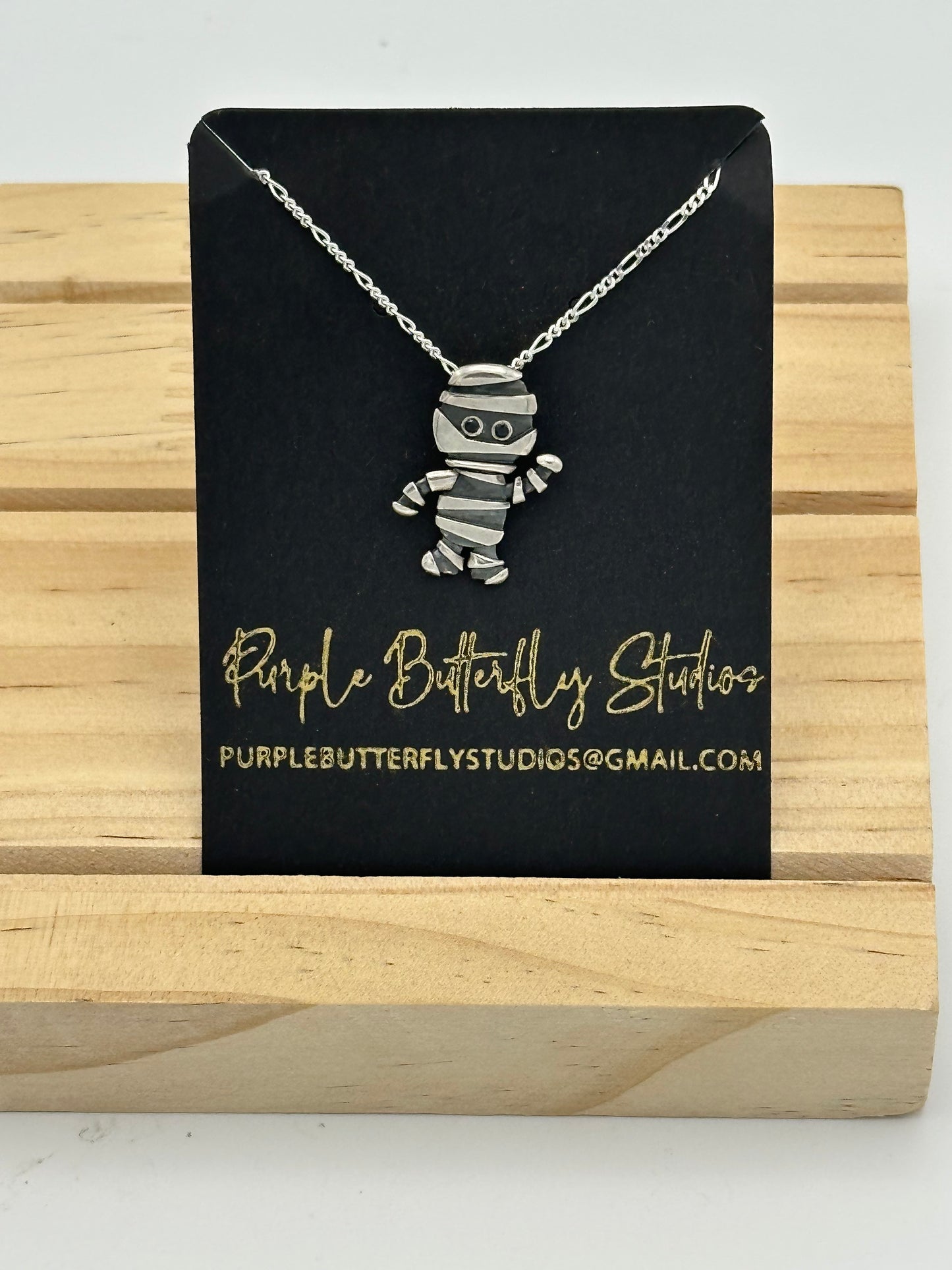 Sterling Silver Mummy Pendant with Gemstone Eyes