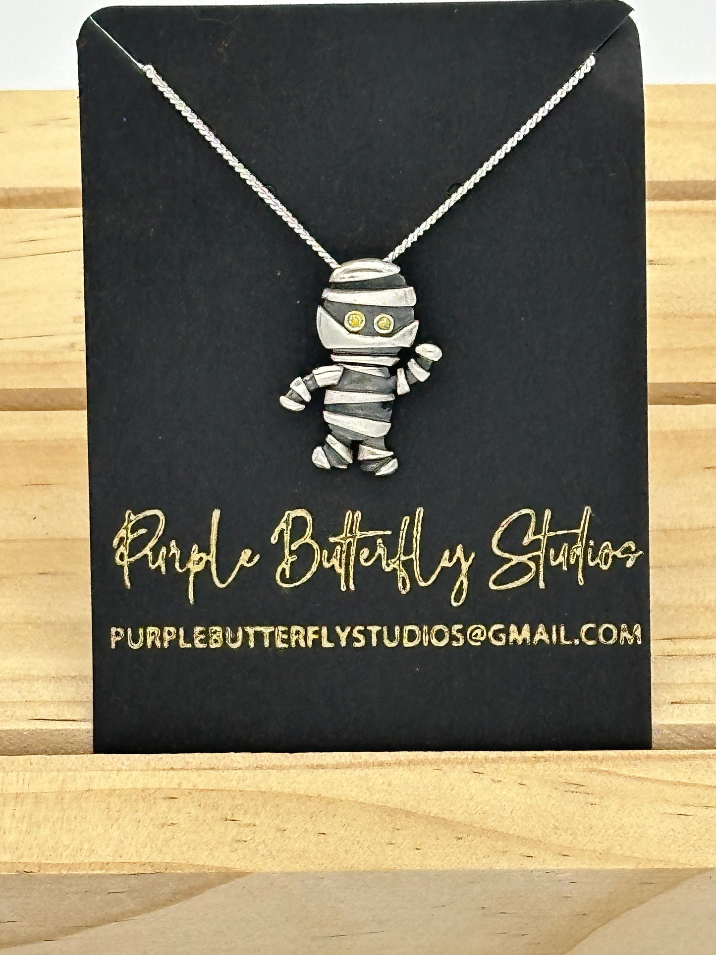 Sterling Silver Mummy Pendant with Gemstone Eyes