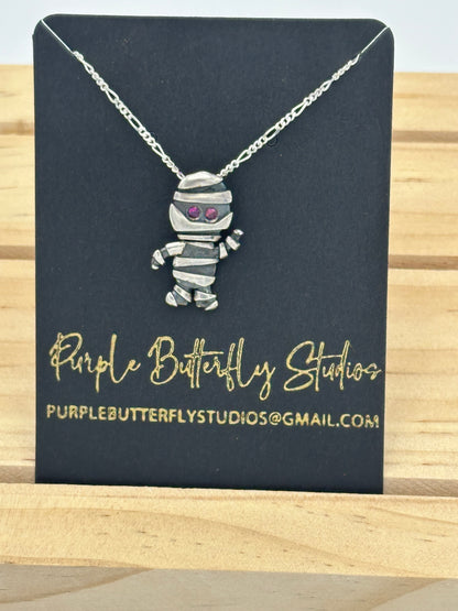 Sterling Silver Mummy Pendant with Gemstone Eyes